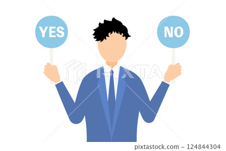 A simple illustration of a businessman in a business suit holding a yes or no stick A simple illustration of a businessman in a business suit holding a yes or no stick 124844304