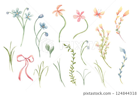Pink yellow and blue flowers, blade of grass simple drawing sketch isolated. Watercolor floral set in spring rustic style, butterfly and ribbon bow illustration. Meadow plants clipart for design. Pink yellow and blue flowers, blade of grass simple drawing sketch isolated. Watercolor floral set in spring rustic style, butterfly and ribbon bow illustration. Meadow plants clipart for design. 124844318