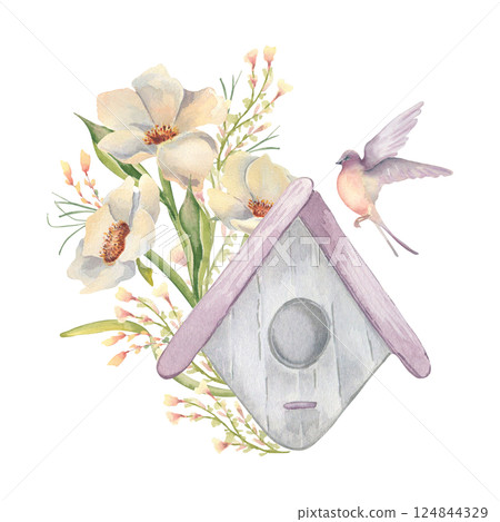 Watercolor creamy peonies, birdhouse and swallow flying in pastel colors illustration isolated on white. Hand painted delicate floral bird house for scrapbooking, children art print, postcards. 124844329