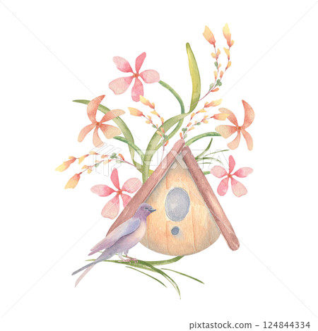 Watercolor birdhouse, spring floral in soft pink peach tones and swallow illustration isolated on white. Phlox or oxalis flowers and bird hand drawn for seasonal design, nursery art print, wall decor. Watercolor birdhouse, spring floral in soft pink peach tones and swallow illustration isolated on white. Phlox or oxalis flowers and bird hand drawn for seasonal design, nursery art print, wall decor. 124844334