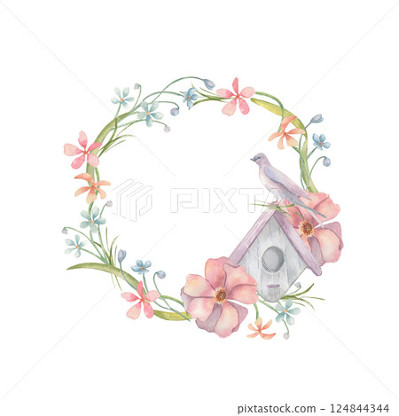 Botanical wreath of soft watercolor birdhouse, spring pink blossoms and swallow isolated on white. Phlox and blue grass flowers, bird hand drawn round frame for seasonal design, nursery art print. Botanical wreath of soft watercolor birdhouse, spring pink blossoms and swallow isolated on white. Phlox and blue grass flowers, bird hand drawn round frame for seasonal design, nursery art print. 124844344