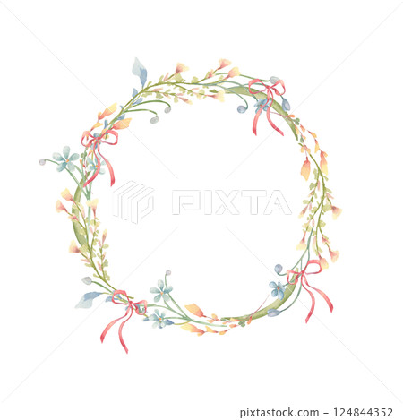 Spring floral wreath yellow and blue delicate flowers and pink little bows isolated on white. Gentle round Easter frame of wildflowers, plants hand drawn for greeting cards, packaging, invitation. 124844352