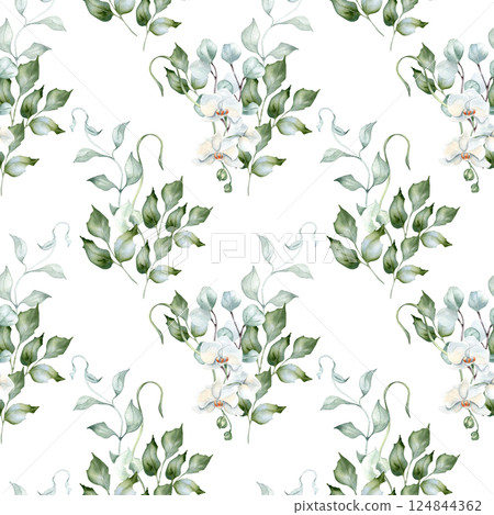 Eucalyptus, white orchids, and holly hand painted floral pattern isolated. Soft pastel watercolor repeated texture of wavy branches and lush greenery hand drawn. Botanical background for fabric prints 124844362