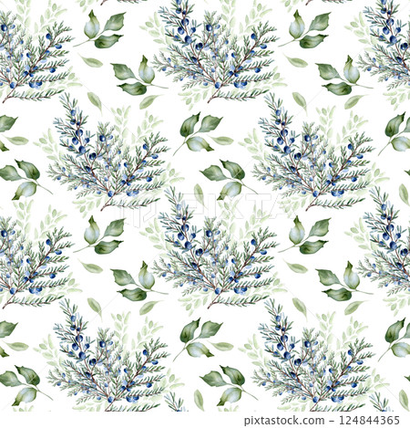 Juniper berry watercolor seamless pattern isolated. Coniferous branches in sage green with delicate blue berries hand drawn. Elegant botanical repeated background for textiles, wrapping paper. 124844365