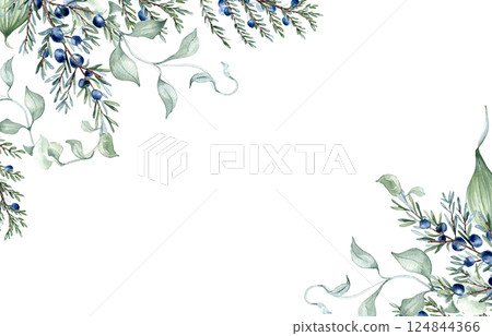 Botanical border with watercolor juniper branches and leaves isolated. Dusty green foliage for wedding templates, greeting cards, and minimalist decor. Hand painted nature inspired greenery frame. Botanical border with watercolor juniper branches and leaves isolated. Dusty green foliage for wedding templates, greeting cards, and minimalist decor. Hand painted nature inspired greenery frame. 124844366