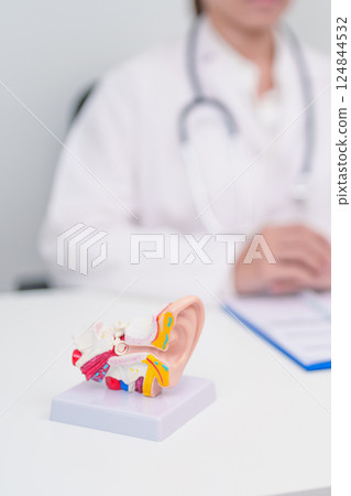 Elderly Patient consulting Doctor to Ear disease. Senior Health Medical Diagnosis. Anatomy Ear model for Atresia, Otitis Media, Pertorated Eardrum, Meniere syndrome, otolaryngologist, Hearing Loss Elderly Patient consulting Doctor to Ear disease. Senior Health Medical Diagnosis. Anatomy Ear model for Atresia, Otitis Media, Pertorated Eardrum, Meniere syndrome, otolaryngologist, Hearing Loss 124844532