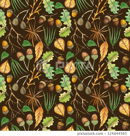 Seamless watercolor pattern. Tree branches, nuts, acorns, green leaves, berries, forest plants, all objects are hand-drawn with watercolor. Suitable for printing on fabric, home textiles, design. Seamless watercolor pattern. Tree branches, nuts, acorns, green leaves, berries, forest plants, all objects are hand-drawn with watercolor. Suitable for printing on fabric, home textiles, design. 124844565