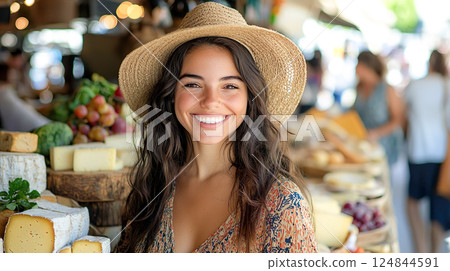Smiling Caucasian woman wearing a straw hat with a cheese market in the background 124844591