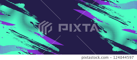 Abstract Sport Background with Cyan and Purple Brush Strokes and Halftone Style 124844597