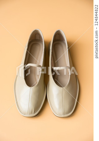 Close-up of a pair of beige genuine leather ballet flats with a minimalist design Close-up of a pair of beige genuine leather ballet flats with a minimalist design 124844822