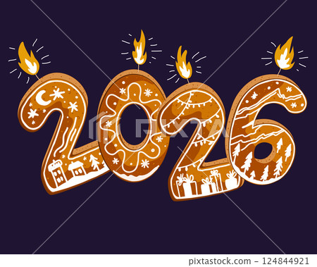 Festive Happy 2026 New Year gingerbread cookies with icing and candle flames. Isolated vector illustration. Festive Happy 2026 New Year gingerbread cookies with icing and candle flames. Isolated vector illustration. 124844921