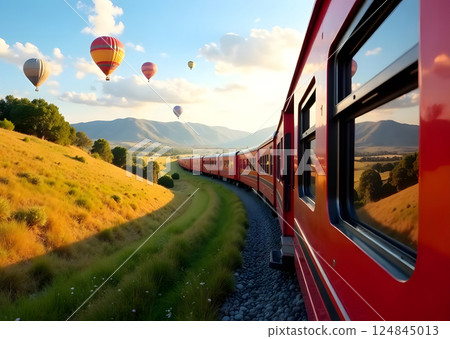 A vintage train glides through breathtaking landscapes as colorful hot air balloons drift above, painting the sky with dreams and wonder. 124845013
