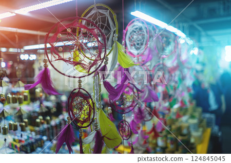 Dreamcatchers hang on market stall with glowing lights creating spiritual charm, Decorative nets with feathers display on night marketplace radiating exotic beauty Dreamcatchers hang on market stall with glowing lights creating spiritual charm, Decorative nets with feathers display on night marketplace radiating exotic beauty 124845045