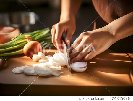 Image of a housewife slicing onions 124845056