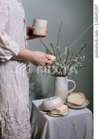 Spring Breakfast With Cherry Blossom Branches Spring Breakfast With Cherry Blossom Branches 124845207