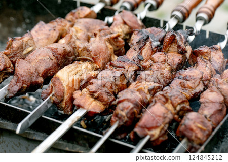 Grilled Meat Skewers On Barbecue Grilled Meat Skewers On Barbecue 124845212