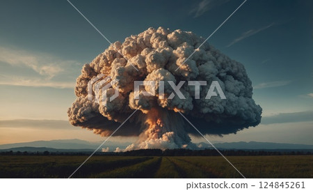 Dramatic Explosion with Smoke Clouds Against a Peaceful Landscape at Sunset 124845261