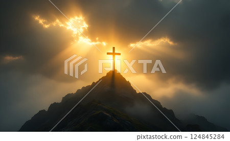 Christian cross, crucifixion on beautiful mountain rock at sunrise landscape. jesus easter resurrection concept. Good Friday. Religion, Bible, Christianity and faith concept 124845284