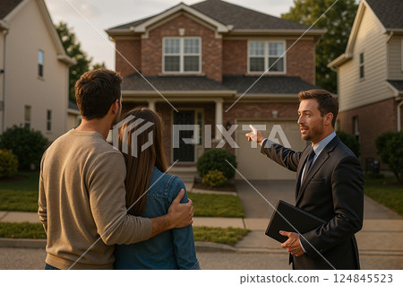 Couple stands with real estate agent pointing at a brick house in suburban area. The man holds a tablet, while the couple embraces, viewing the two-story home with interest Couple stands with real estate agent pointing at a brick house in suburban area. The man holds a tablet, while the couple embraces, viewing the two-story home with interest 124845523