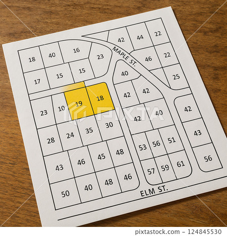 White paper map on wood surface shows numbered plots and streets, with yellow highlighting plots 18 and 19. Visible street names include MAPLE ST. and ELM ST 124845530