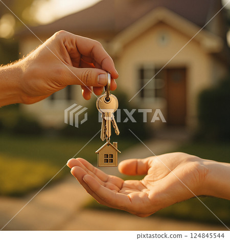 Hands exchange house-shaped keychain, symbolizing real estate transaction. Sunlight softly illuminates, with a blurred house background, conveying warmth and new beginnings 124845544