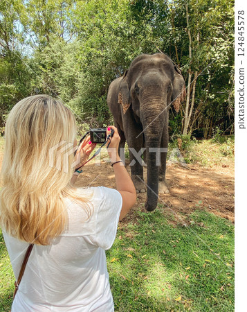 Woman taking picture of elephant Woman taking picture of elephant 124845578