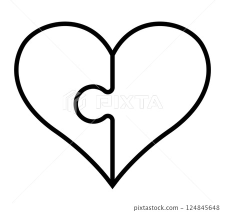 heart symbol composed of two puzzle pieces, vector black and white illustration of two halves of a heart shape isolated on white heart symbol composed of two puzzle pieces, vector black and white illustration of two halves of a heart shape isolated on white 124845648