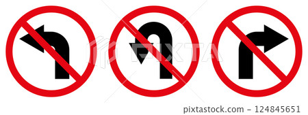 No left right and U turn sign symbol, prohibitory traffic sign, red crossed out circle symbol with arrow 124845651