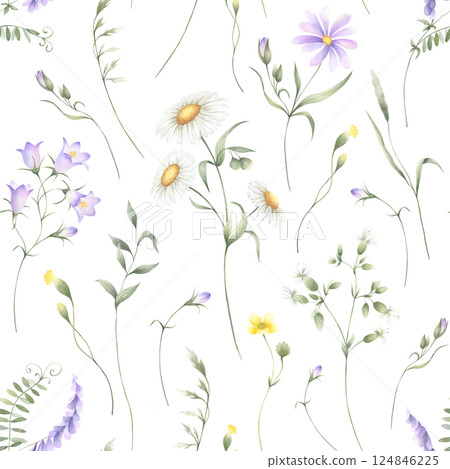 Seamless floral pattern of watercolor wildflowers chamomile, bellflower, buttercup, mouse pea and grasses isolated from background. Hand drawn meadow yellow and lilac flowers for fabric print, cards. 124846225