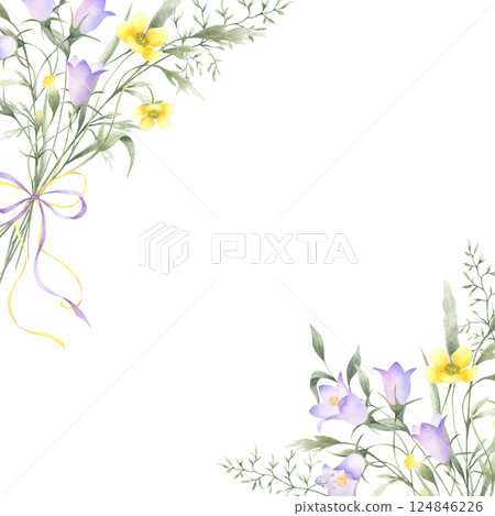 Bouquet of watercolor wildflowers lilac bellflower, yellow buttercup and meadow grasses tied ribbon bow. Hand drawn isolated square frame of flowers with copy space for invitations, postcard, cards. 124846226