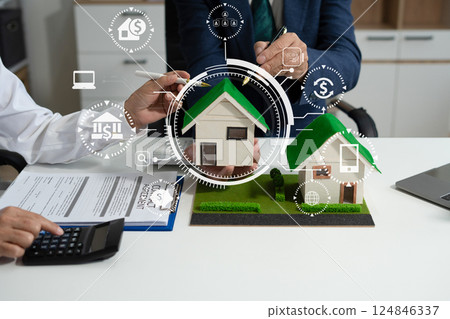 House model with agent asking costumer for contract to buy, get insurance or loan real estate or property. House model with agent asking costumer for contract to buy, get insurance or loan real estate or property. 124846337