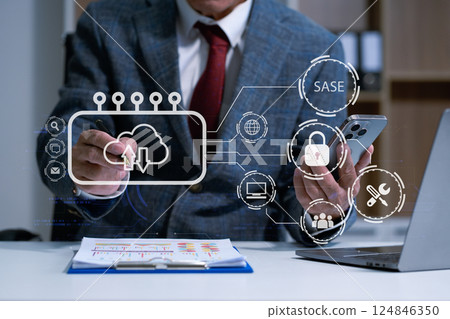 Hand touching secure access service edge icon on smartphone virtual screen background, password, network, framework and support technology in office. secure access service edge concept. Hand touching secure access service edge icon on smartphone virtual screen background, password, network, framework and support technology in office. secure access service edge concept. 124846350