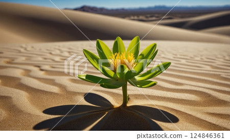 Lone Green Flower Blooming in a Desert Landscape with Sand Dunes 124846361