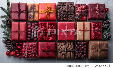 Closeup craft pink gift box purple holiday background, copy space, banner Merry Christmas, New Year 124846391