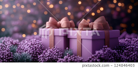 Closeup craft pink gift box purple holiday background, copy space, banner Merry Christmas, New Year Closeup craft pink gift box purple holiday background, copy space, banner Merry Christmas, New Year 124846403