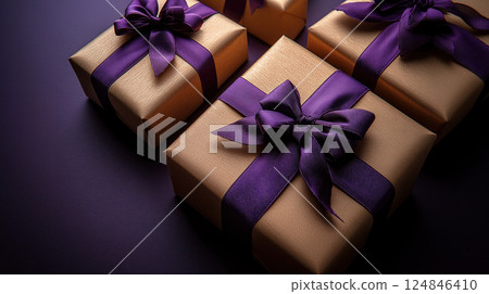 Closeup craft pink gift box purple holiday background, copy space, banner Merry Christmas, New Year 124846410