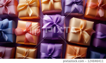 Closeup craft pink gift box purple holiday background, copy space, banner Merry Christmas, New Year 124846411