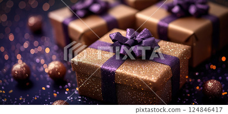Closeup craft pink gift box purple holiday background, copy space, banner Merry Christmas, New Year Closeup craft pink gift box purple holiday background, copy space, banner Merry Christmas, New Year 124846417