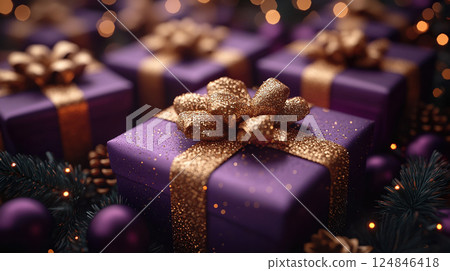 Closeup craft pink gift box purple holiday background, copy space, banner Merry Christmas, New Year Closeup craft pink gift box purple holiday background, copy space, banner Merry Christmas, New Year 124846418