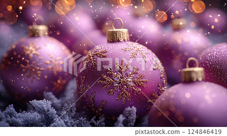 Closeup craft pink gift box purple holiday background, copy space, banner Merry Christmas, New Year 124846419