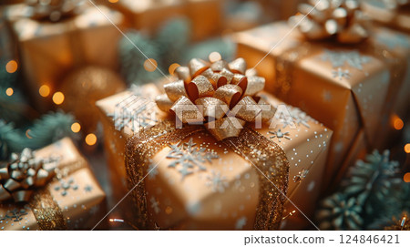 Closeup craft pink gift box purple holiday background, copy space, banner Merry Christmas, New Year 124846421