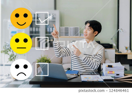 Male businessman presenting or pointed inquiry with checkboxes, smiling face rating excellent for satisfaction survey. Male businessman presenting or pointed inquiry with checkboxes, smiling face rating excellent for satisfaction survey. 124846461