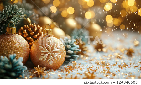 Closeup craft yellow gift box glitter holiday background, copy space, banner Christmas, New Year 124846505