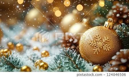 Closeup craft yellow gift box glitter holiday background, copy space, banner Christmas, New Year Closeup craft yellow gift box glitter holiday background, copy space, banner Christmas, New Year 124846506