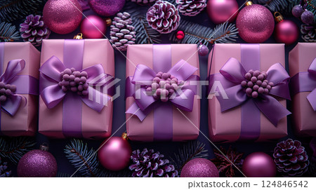 Closeup craft yellow gift box glitter holiday background, copy space, banner Christmas, New Year 124846542