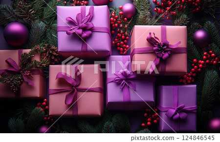 Closeup craft yellow gift box glitter holiday background, copy space, banner Christmas, New Year Closeup craft yellow gift box glitter holiday background, copy space, banner Christmas, New Year 124846545