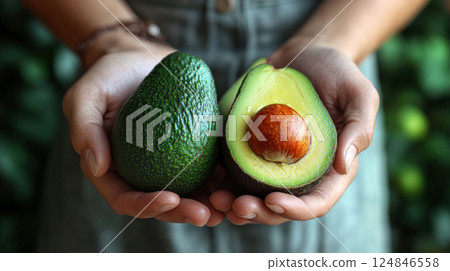 Group avocados, leaves green, sliced, top view in hands, space text, vegetarian food, vitamin 124846558