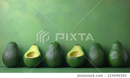 Row avocados, leaves green, sliced, top view avocado leaves, space text, vegetarian food, vitamin 124846565