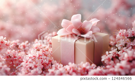 Gift box on floral background, 3D rendering, spring time, banner, illustration style, copy space 124846566