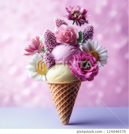 Ice cream cone with flowers and berries, pastel pink background. Food photography for design and print. Vibrant colors, minimalistic composition 124846570